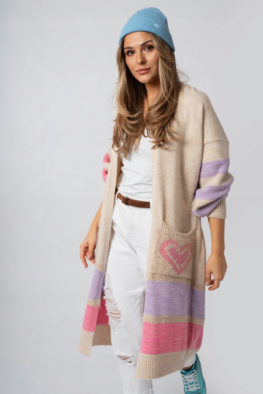 Damen Langärmliger Strickcardigan mit herzförmigen Taschen und modernem Farbblocking Drune