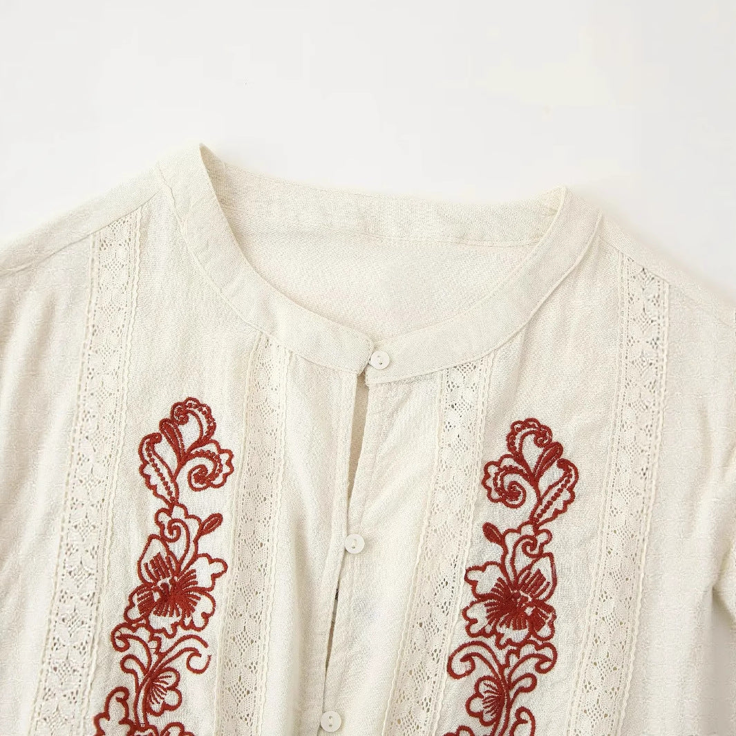 Damen nan bestickte Boho-Bluse mit Tunnelzugtaillierung, Spitzenbesatz und Volantbund Drune