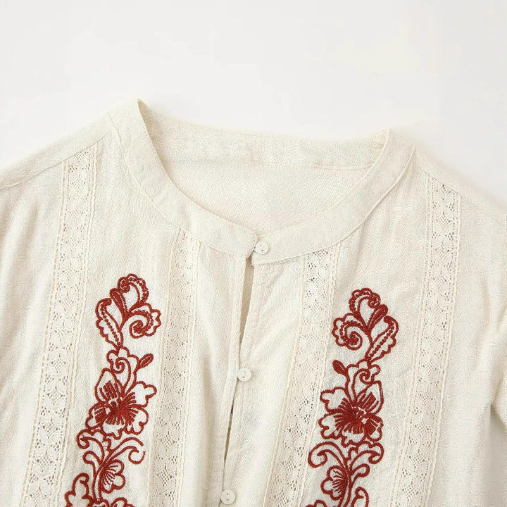 Damen nan bestickte Boho-Bluse mit Tunnelzugtaillierung, Spitzenbesatz und Volantbund Drune