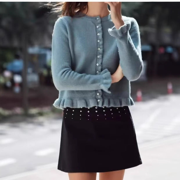 Femme Rüschensaum Knopfleiste Cardigan Drune