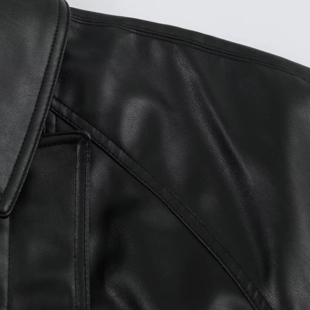 Damen Kurzjacke aus veganem Leder mit Taillengürtel und überschnittenen Schultern Drune