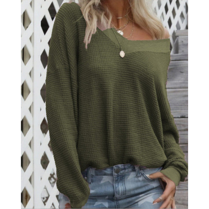 Damen Off‑Shoulder Waffelstrickpullover mit weitem Arm und elastischen Bündchen Drune
