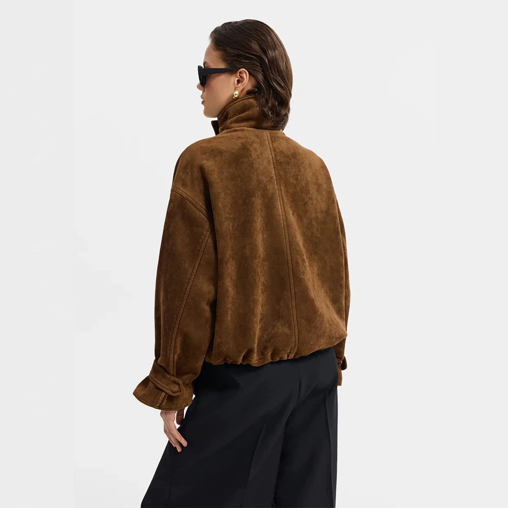 Damen Oversize Veloursleder-Blouson mit großen Pattentaschen und Stehkragen Drune