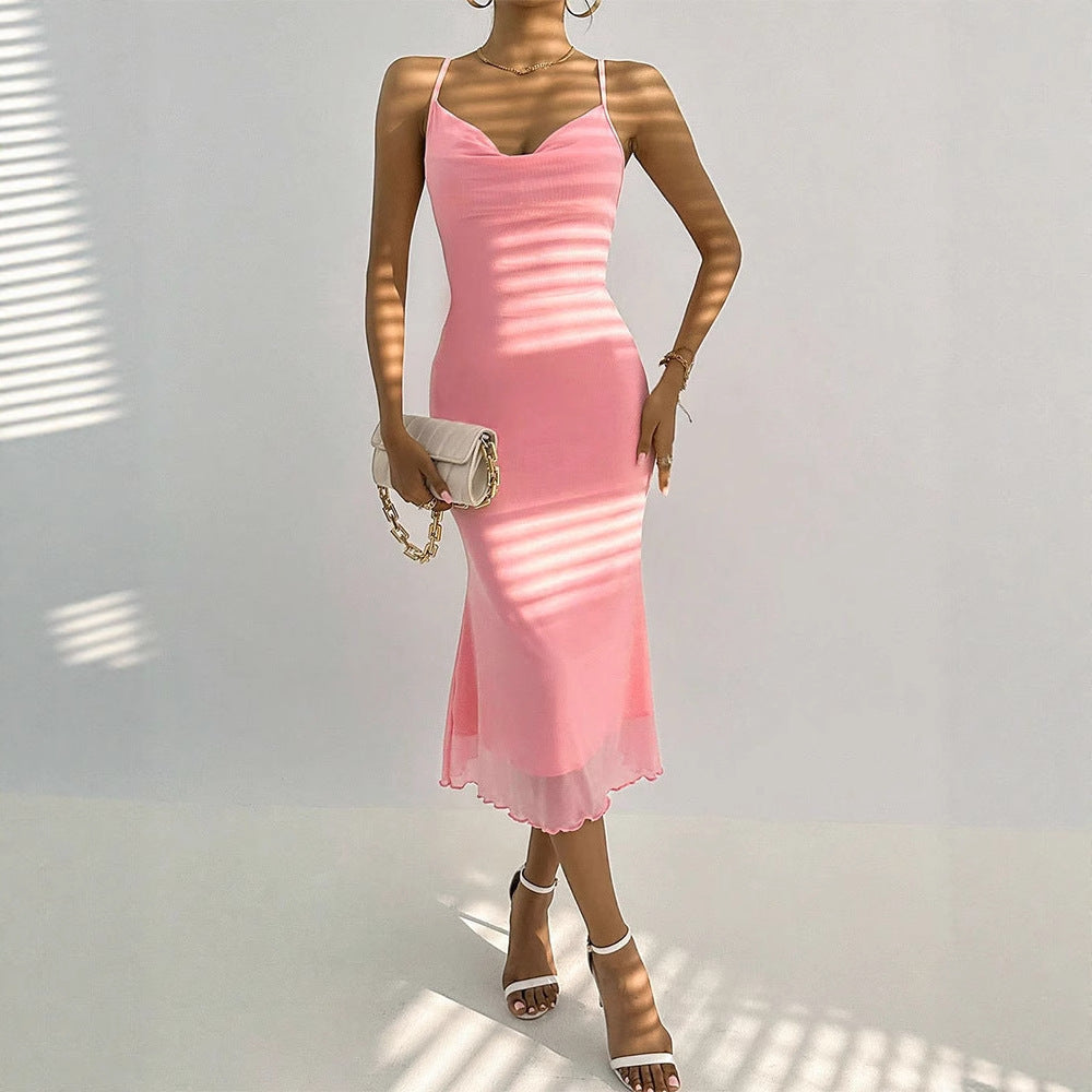 Damen Maxikleid mit zarten Spaghettiträgern und transparentem Saum Drune