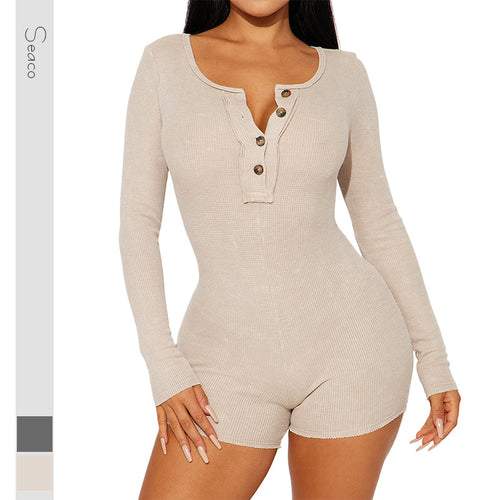Damen Eleganter Langarm-Jumpsuit mit Knopfdetails Drune