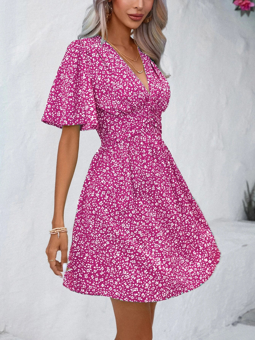 Damen Blütenmuster Kleid mit V-Ausschnitt und kurzen Ärmeln Drune