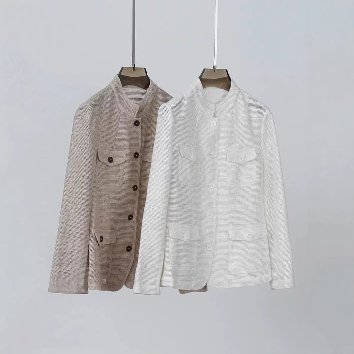 Damen Leichte Häkeloptik-Übergangsjacke mit Rundkragen und Pattentaschen Drune