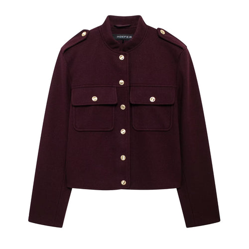 Damen Kurzgeschnittene Military‑Jacke mit Stehkragen, Pattentaschen und Zierknopfleiste Drune