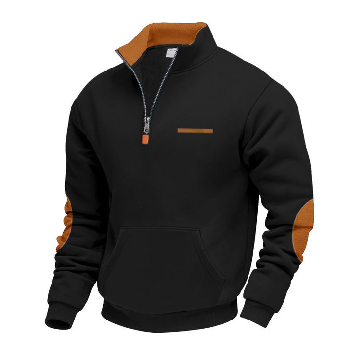 Herren nan Halbzip-Sweatpullover mit Stehkragen, Kängurutasche und Ellenbogenbesatz Drune