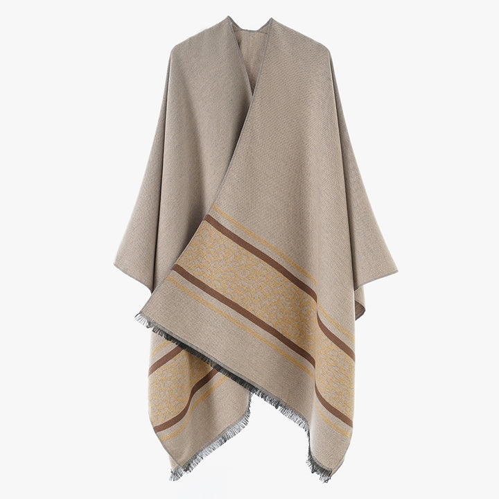 Damen Cape-Poncho aus Feinstrick mit Leoparden-Bordüre und asymmetrischem Saum Drune