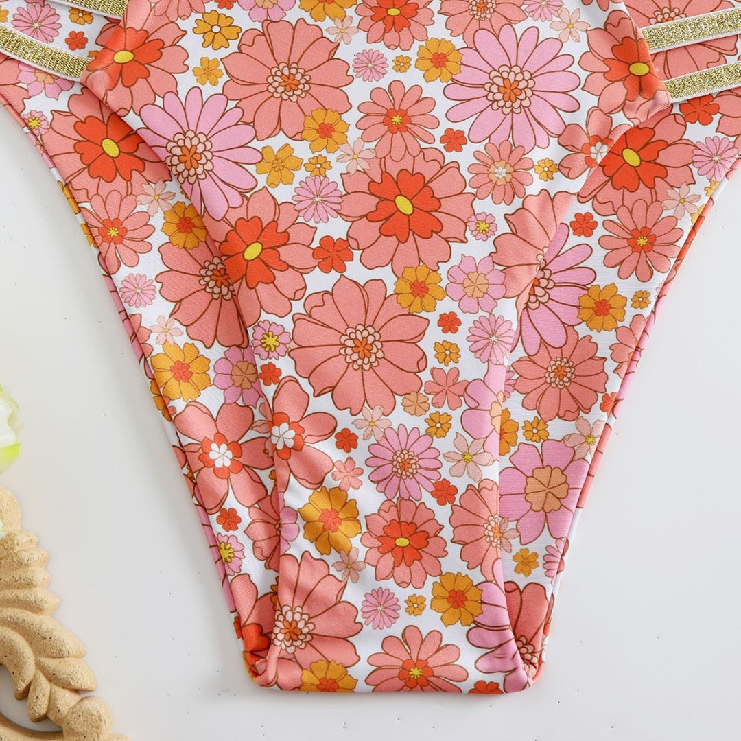 Damen Bikini-Set mit floralem Design und goldenen Akzenten Drune
