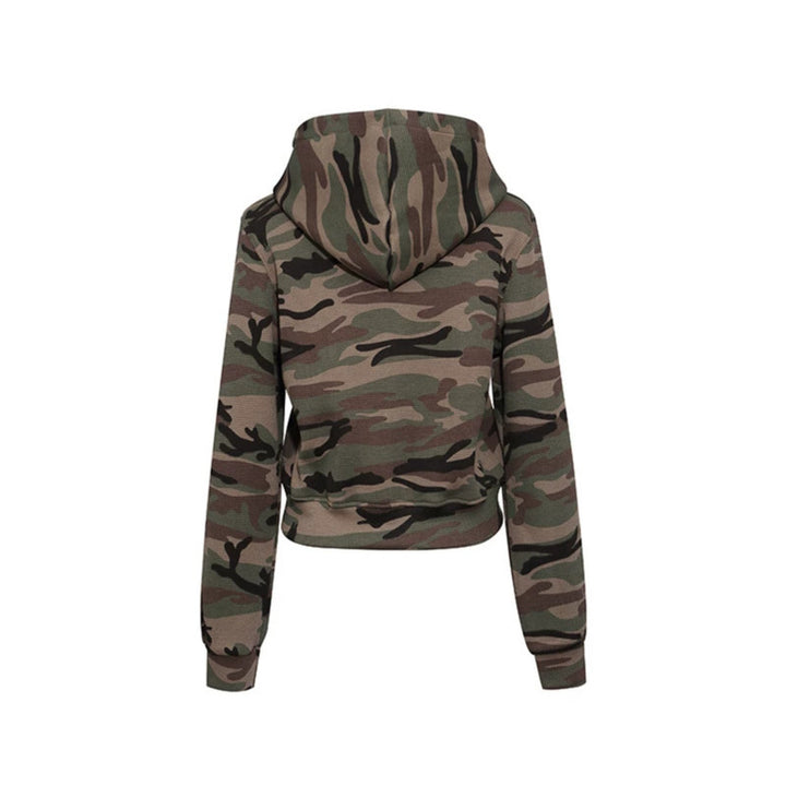 Damen Cropped Kapuzenjacke im Camouflage-Strukturstrick mit Perlen‑Schriftzug Drune