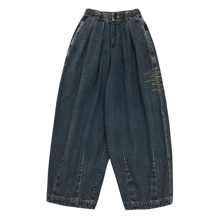 Damen Weite Denim‑Hose mit Kellerfalten, elastischem Bund und legerer Silhouette Drune
