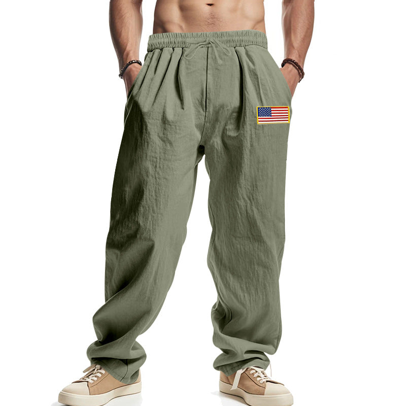 Herren Locker sitzende Freizeit-Hose im Leinen-Look mit elastischem Bund, Kordelzug & Flaggenpatch Drune