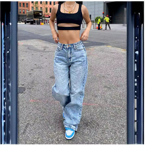 Damen nan weite High-Waist Baggy-Jeans mit tiefem Schritt, Five-Pocket Design und extra-langen Beinen Drune