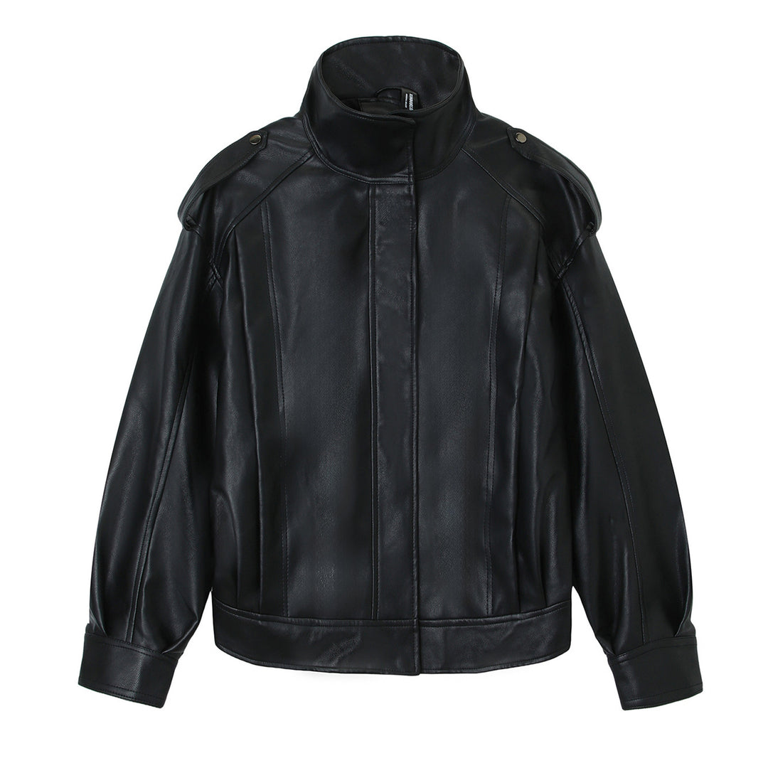 Damen Modische Kunstlederjacke mit hoher Kragen Drune
