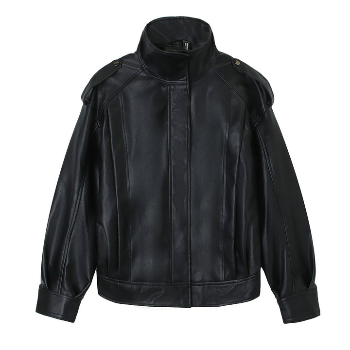 Damen Modische Kunstlederjacke mit hoher Kragen Drune
