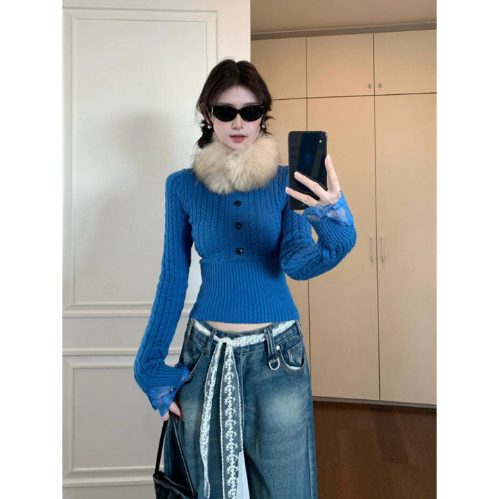 Damen Strickpullover mit raffiniertem Zopfmuster und romantischen Spitzenärmeln Drune