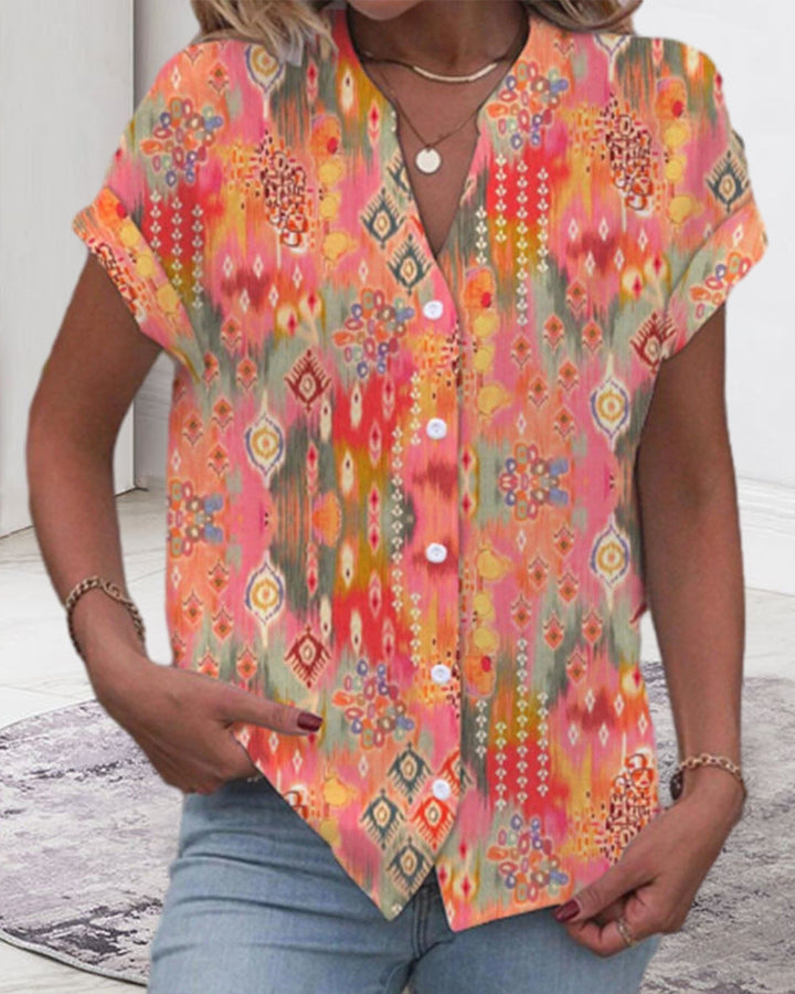 Damen Kurzarmbluse mit kunstvollem Ikat-Design Drune