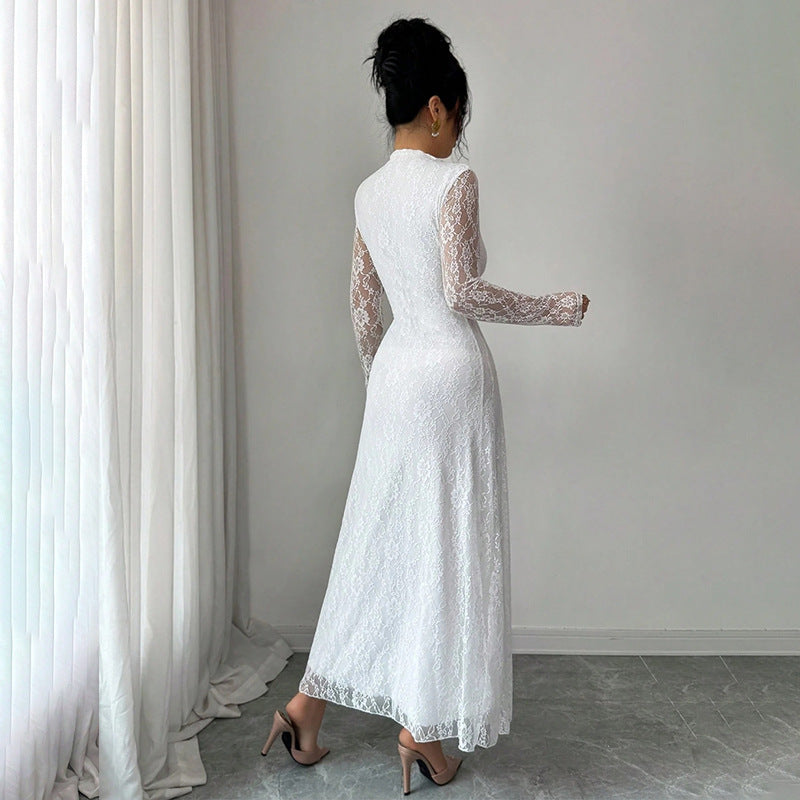 Damen Elegantes Hochzeitskleid mit Spitzenärmeln Drune