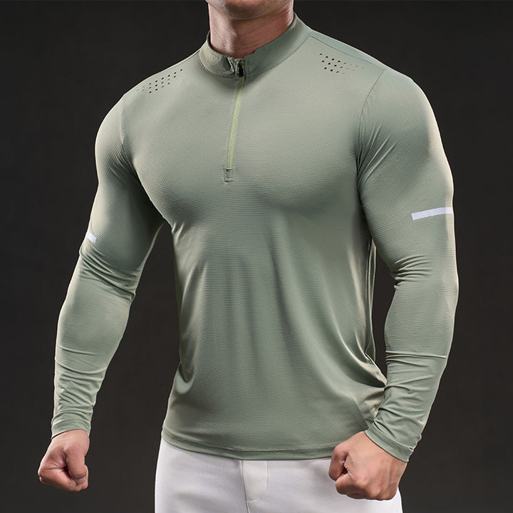 Herren Atmungsaktives Longsleeve Trainingsshirt mit Stehkragen und Kurz-Reißverschluss Drune