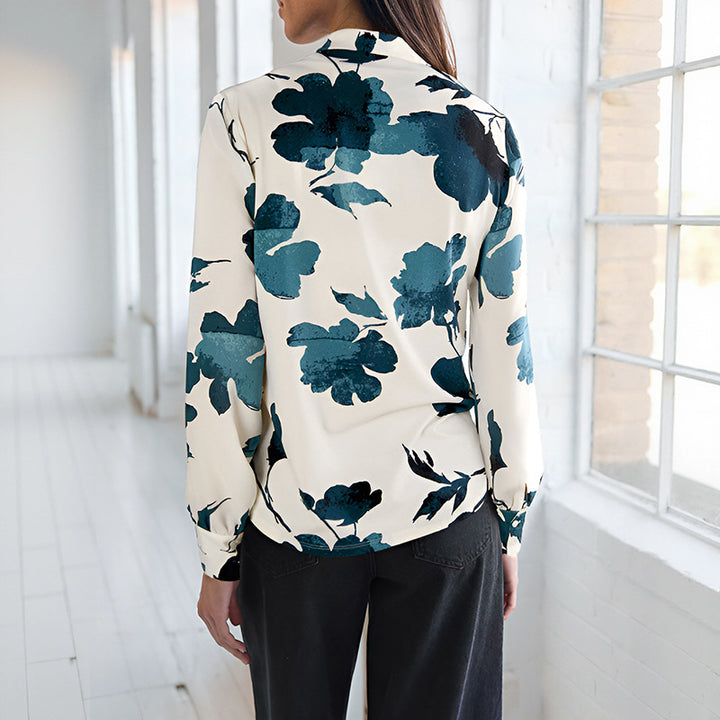 Damen Watercolor-Bluse mit V-Ausschnitt, Plissée-Schulter und legerer Wickeloptik Drune