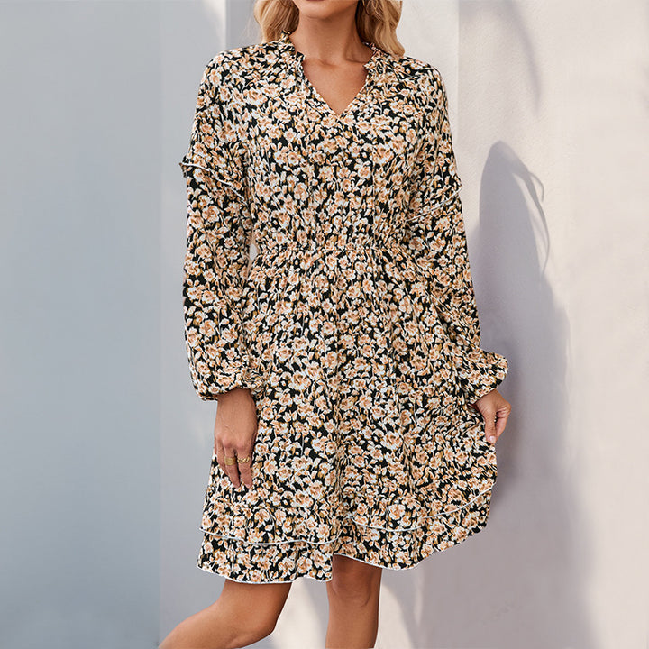 Damen Florales Midikleid mit V-Ausschnitt, Smok-Taillenbund und Volantstufen Drune