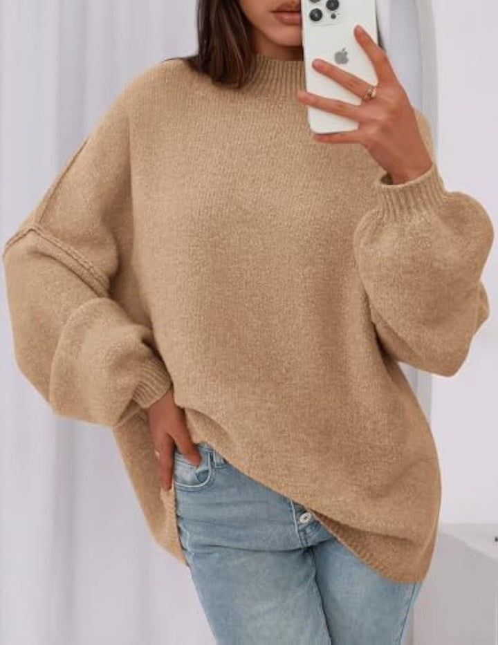 Damen Oversize-Strickpullover mit Stehkragen und Ballonärmeln Drune