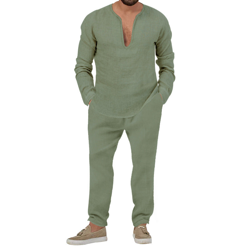 Herren lässiges Leinen-Outfit mit tiefem V-Ausschnitt und elastischem Bund Drune