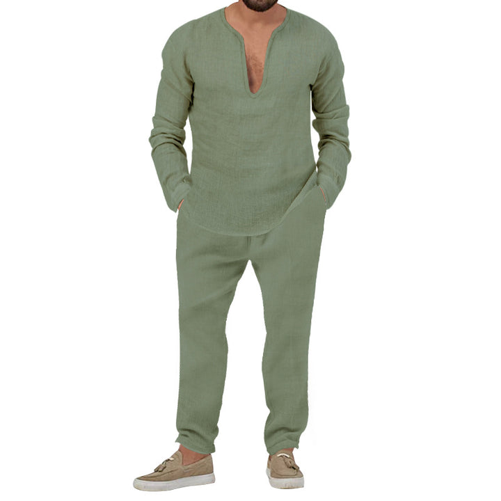 Herren lässiges Leinen-Outfit mit tiefem V-Ausschnitt und elastischem Bund Drune