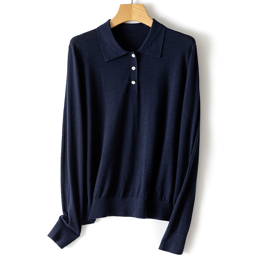 Damen Feiner Langarm-Polo-Pullover aus Feinstrick mit Knopfleiste Drune