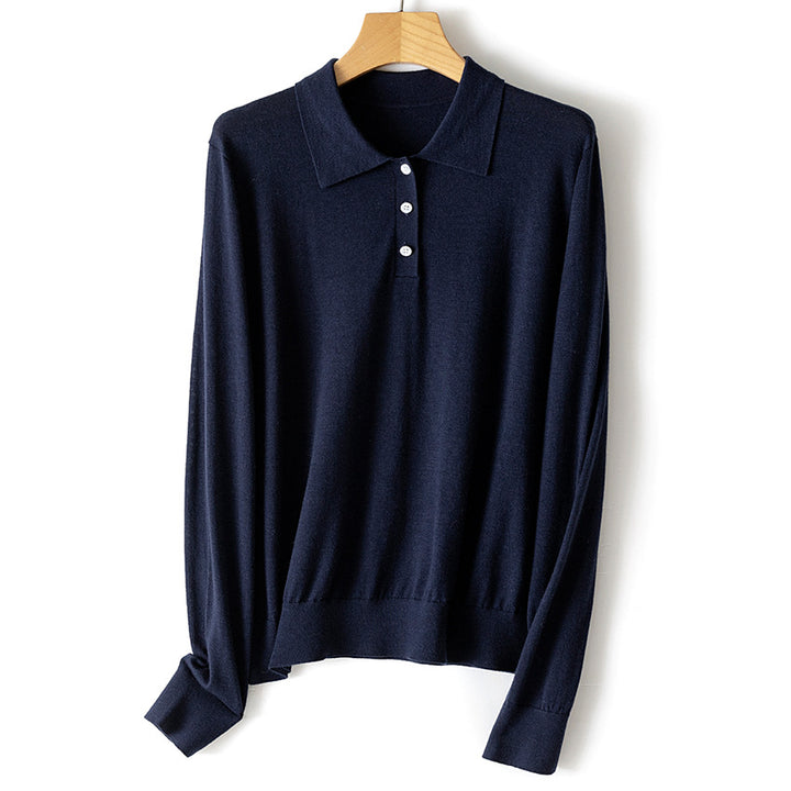 Damen Feiner Langarm-Polo-Pullover aus Feinstrick mit Knopfleiste Drune