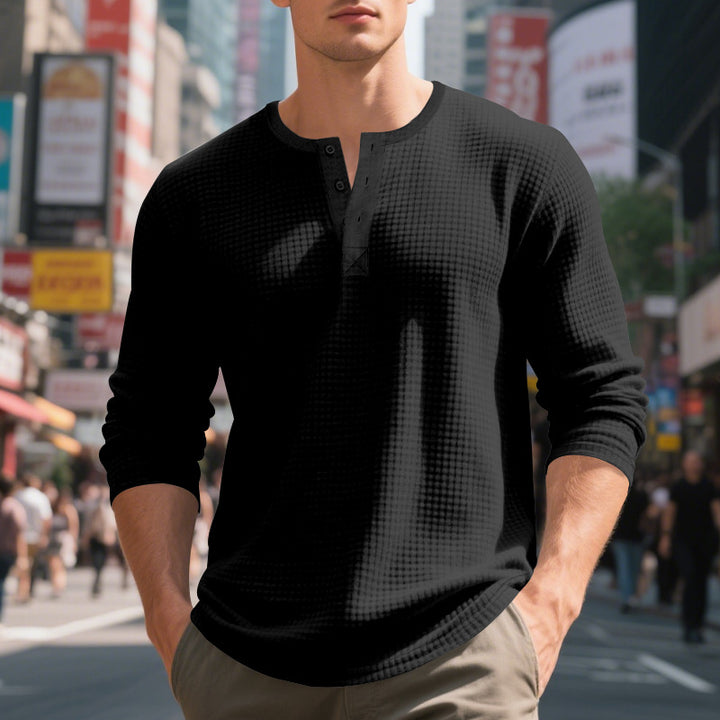 Herren nan thermoregulierendes Waffel-Thermalshirt mit Kurzknopfleiste und gerundetem Saum Drune