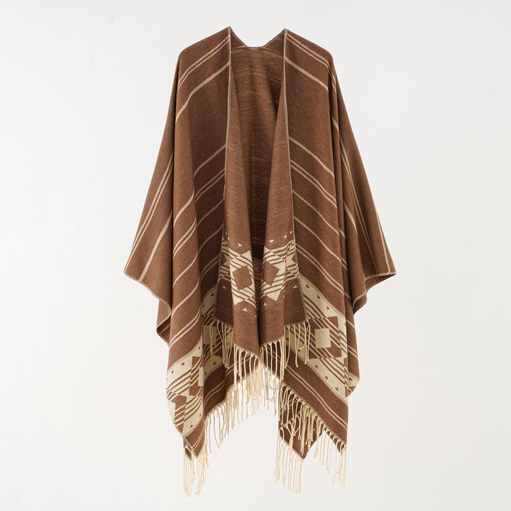 Damen Wollmix-Ruana im grafischen Ethno-Jacquard mit Fransensaum Drune