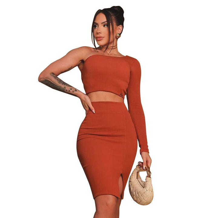 Damen asymmetrisches Crop-Top und figurbetonter Minirock-Set Drune