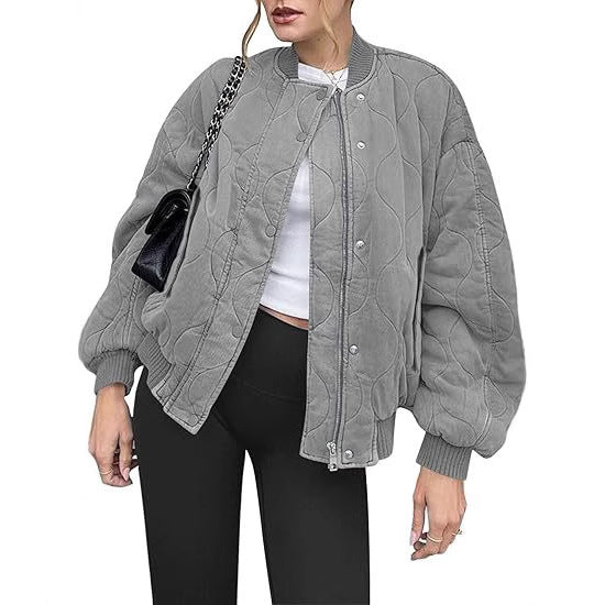 Damen Gepolsterte Oversize-Stepp-Bomberjacke mit Rippbündchen und dekorativer Ziersteppung Drune