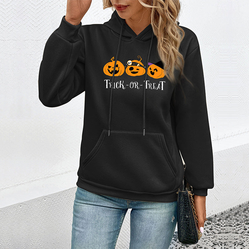 Damen Hoodie mit Halloween-Kürbisprint, Kapuze und Kängurutasche Drune