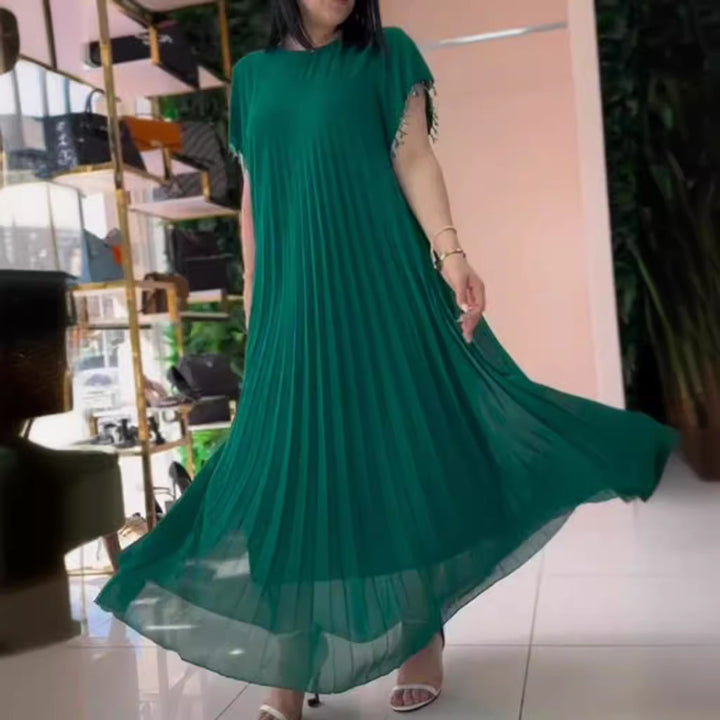 Damen nan elegantes Chiffon-Faltenmaxikleid mit weitem Schwingrock und Quastenärmeln Drune