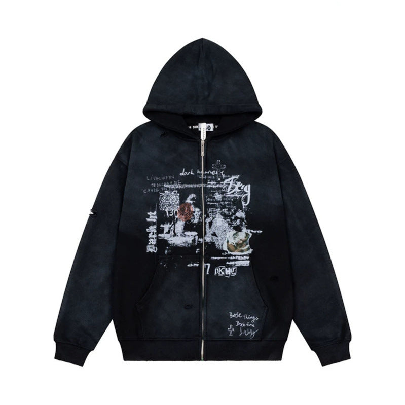 Unisex Oversize Kapuzenjacke mit Reißverschluss, Used‑Effekt, Vintage‑Print und Kängurutaschen Drune