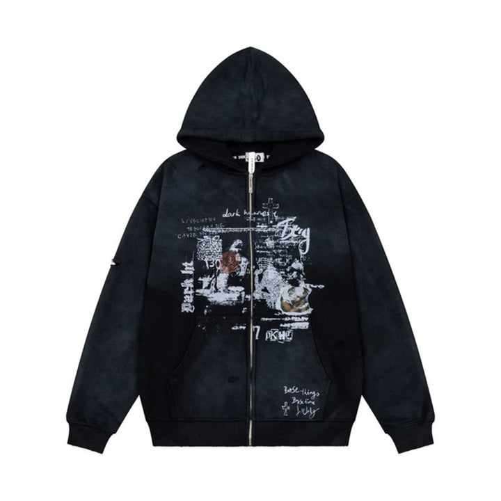 Unisex Oversize Kapuzenjacke mit Reißverschluss, Used‑Effekt, Vintage‑Print und Kängurutaschen Drune