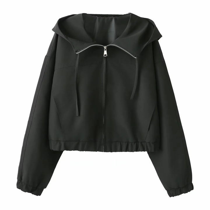 Damen nan kurzgeschnittene Kapuzen-Windjacke mit verdecktem Reißverschluss elastischem Saum und cleanem Oversize-Schnitt Drune