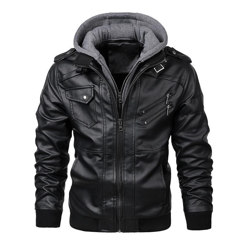 Herren Lederimitat-Fieldblouson mit innenliegendem Hoodie, Reißverschluss-Brusttaschen und Rippbündchen Drune