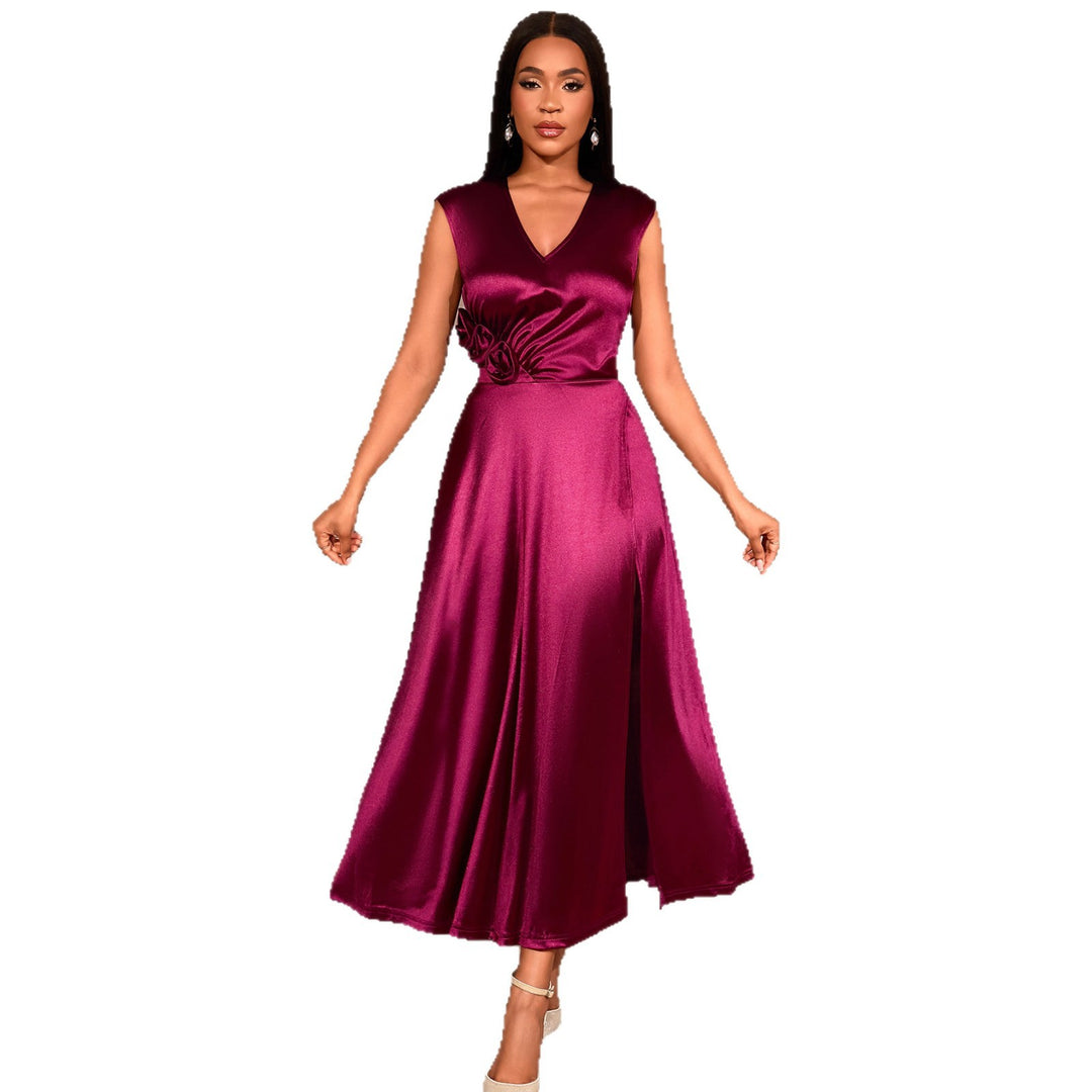 Damen elegantes Maxikleid mit asymmetrischem Schlitz und floralem Akzent Drune