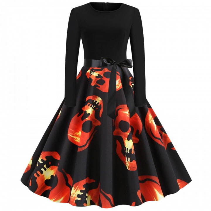 Damen Vintage Swing-Kleid mit tailliertem Oberteil, Tellerrock und großflächigem Totenkopf-Print Drune