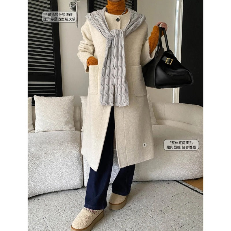 Damen eleganter Wollmantel mit asymmetrischem Kragen und praktischen Taschen Drune