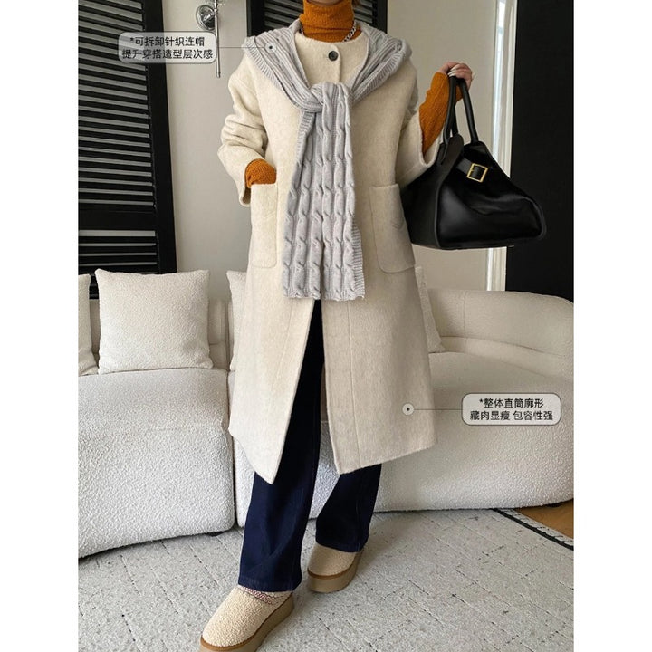 Damen eleganter Wollmantel mit asymmetrischem Kragen und praktischen Taschen Drune