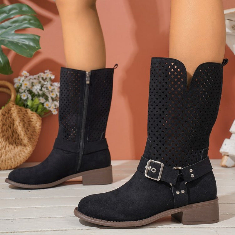 Damen Stiefel aus perforiertem Wildleder mit modischem Schnallen-Detail Drune