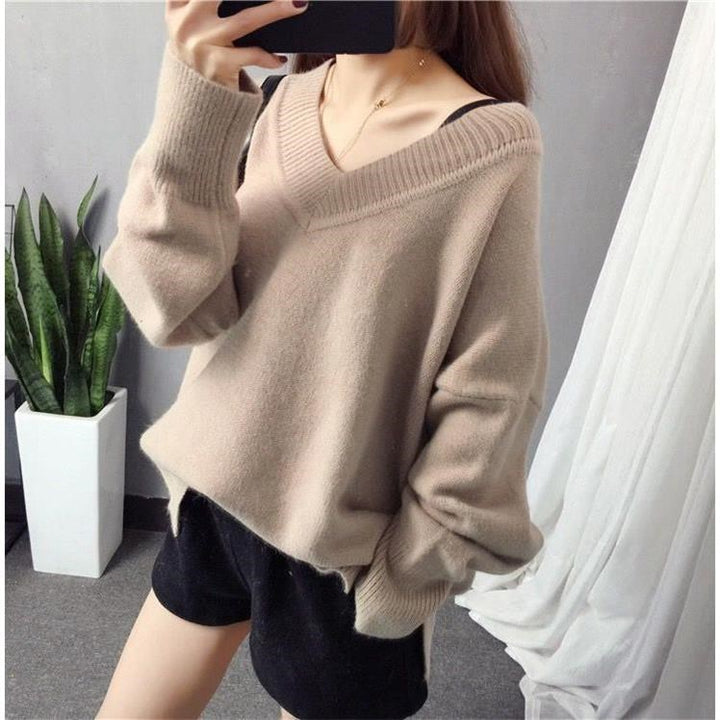 Damen Grob gestrickter V-Ausschnitt Pullover mit lässigem Schnitt und oversized Ärmeln Drune