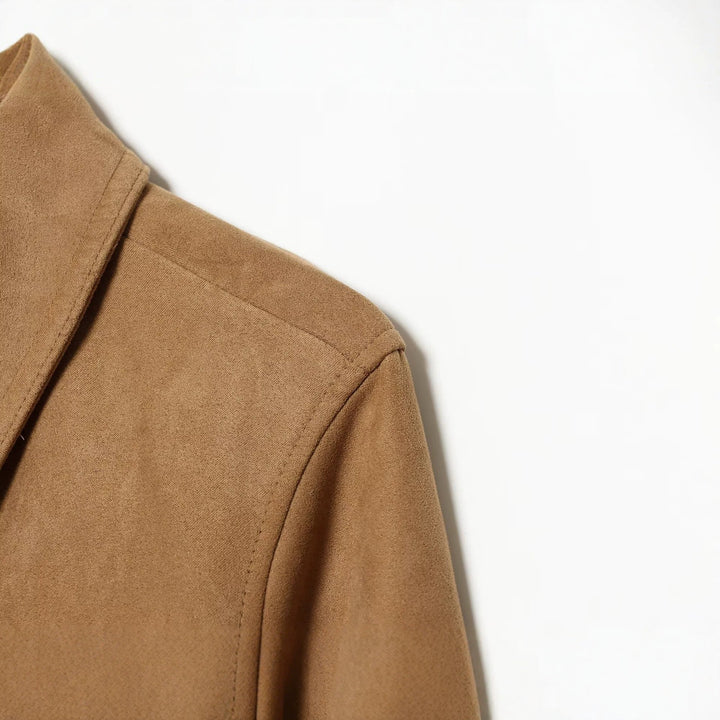 Damen Kurzer Veloursleder‑Blouson im Boxy‑Schnitt mit Hemdkragen, Klappentaschen und breitem Rippbund Drune