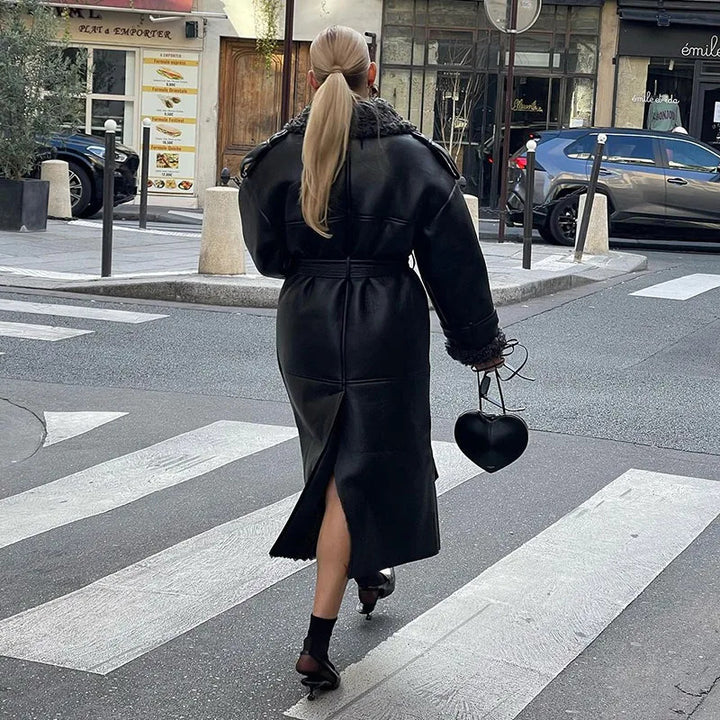 Damen Oversize Lammfellmantel mit Gürtel und Teddyfutter Drune